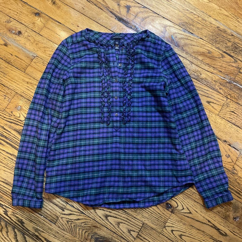 lands end ruffle henley plaid womens small work shirt
